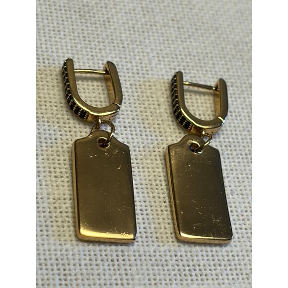 Coach Black Enamel Tag Drop Earrings Gold Tone Huggie - Picture 5 of 6